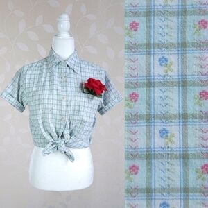 Vintage 90s Pastel Gingham Button Down Shirt Floral Plaid Cascade Small